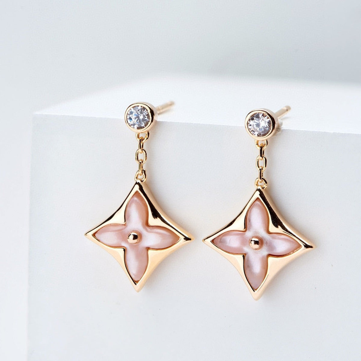 [Azure Tears]DOUBLE STAR ROSE GOLD MOP DROP EARRINGS