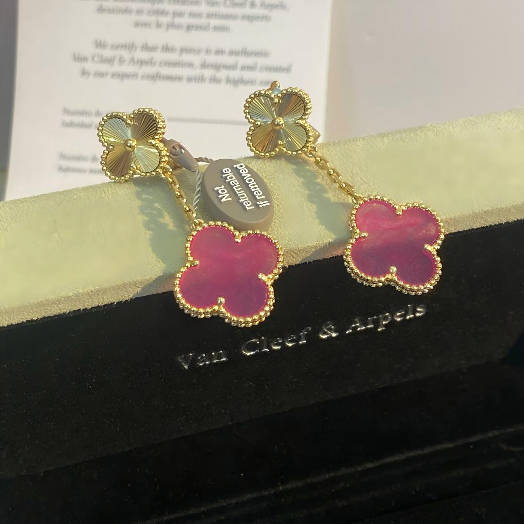 [Azure Tears Jewelry]NEW CLOVER 2 MOTIF PINK ENAMEL EARRINGS