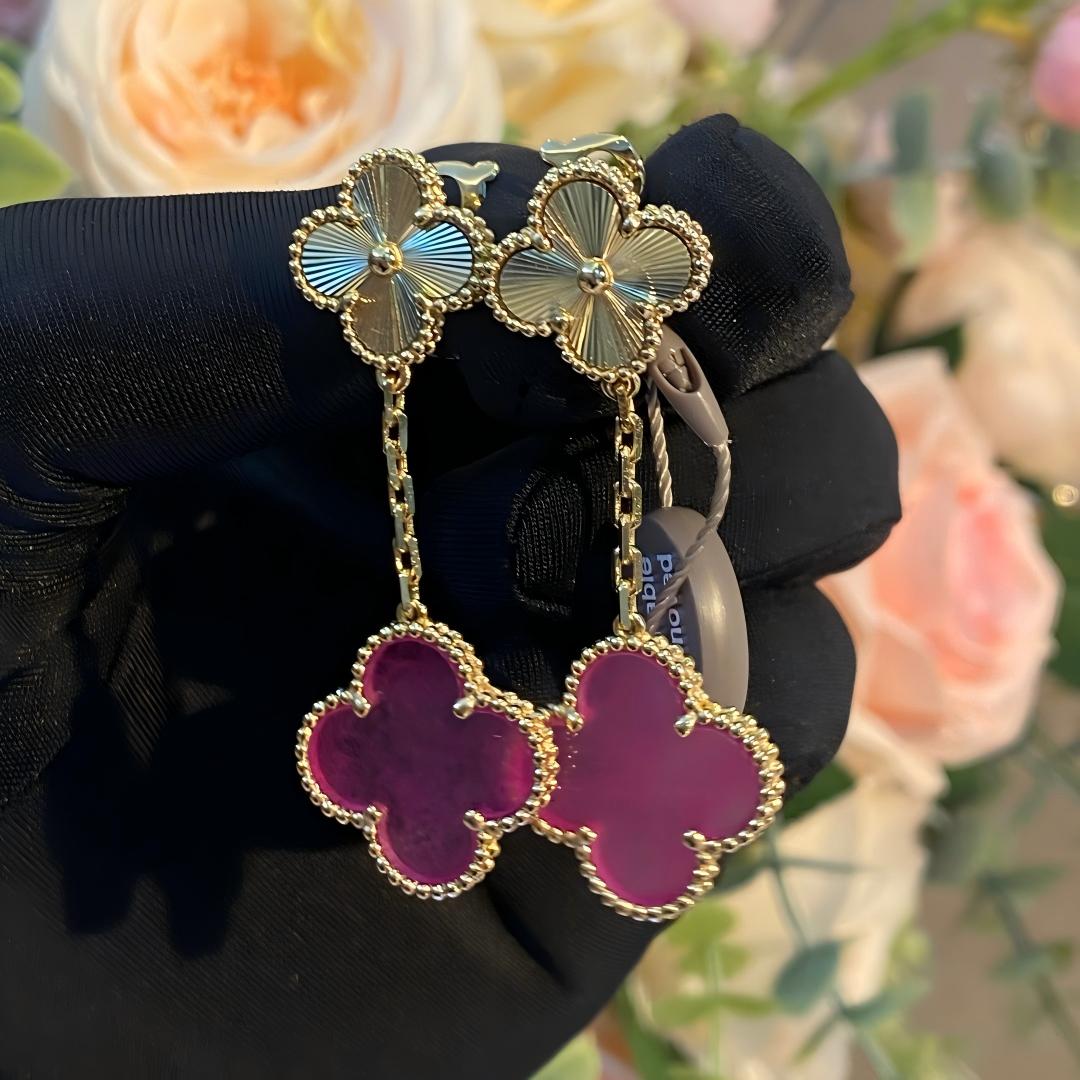 [Azure Tears Jewelry]NEW CLOVER 2 MOTIF PINK ENAMEL EARRINGS