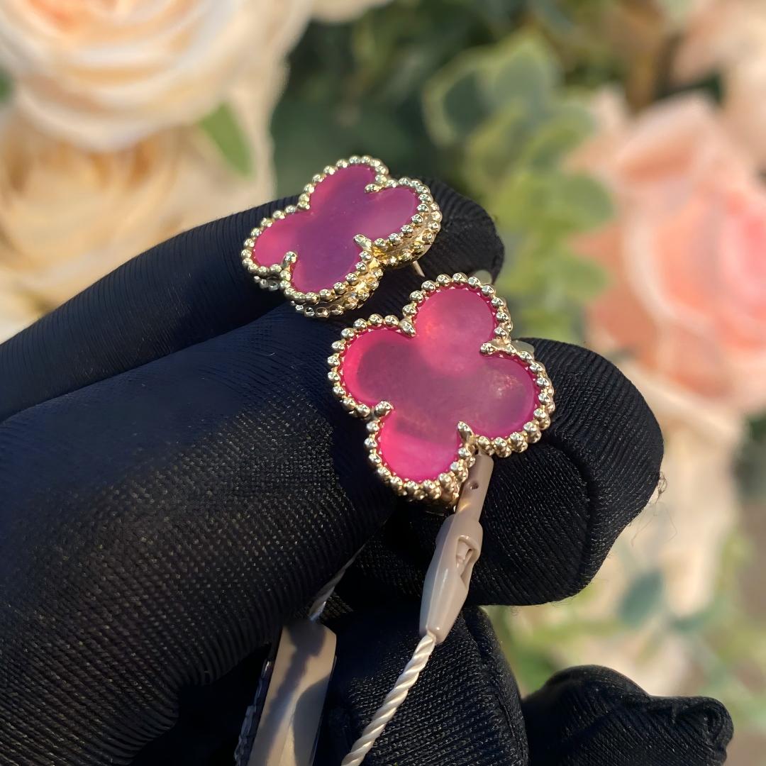 [Azure Tears Jewelry]NEW CLOVER 15MM PINK ENAMEL STUD EARRINGS