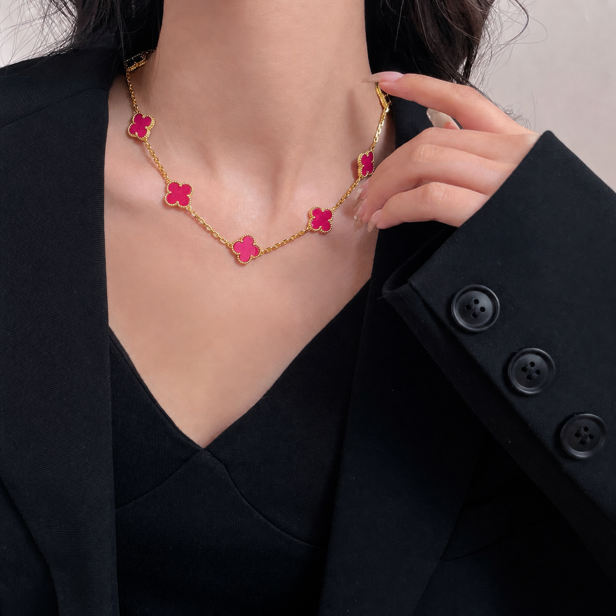 [Azure Tears Jewelry]NEW CLOVER 10 MOTIFS PINK ENAMEL NECKLACE