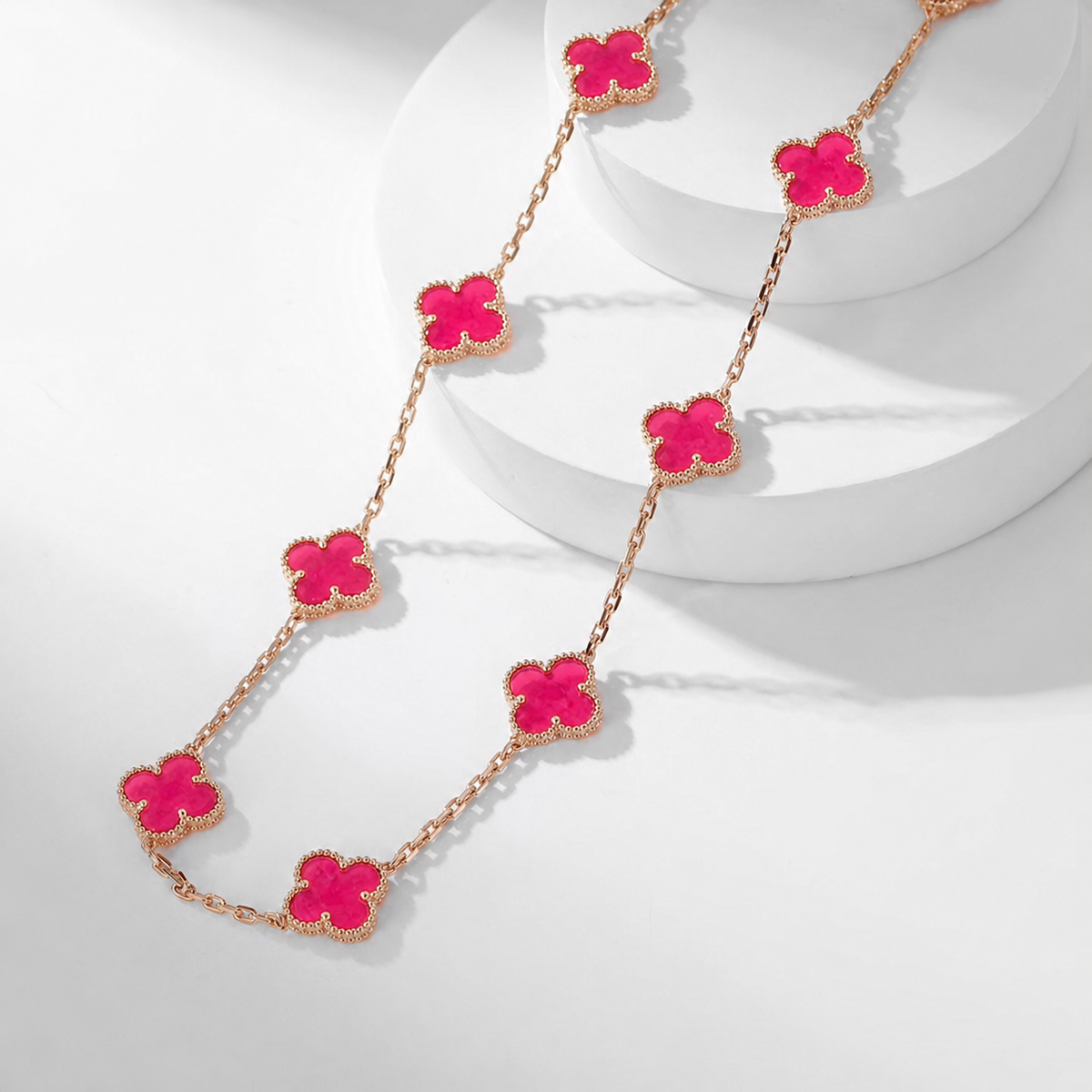 [Azure Tears Jewelry]NEW CLOVER 10 MOTIFS PINK ENAMEL NECKLACE