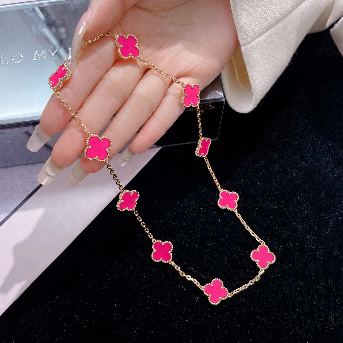 [Azure Tears Jewelry]NEW CLOVER 10 MOTIFS PINK ENAMEL NECKLACE