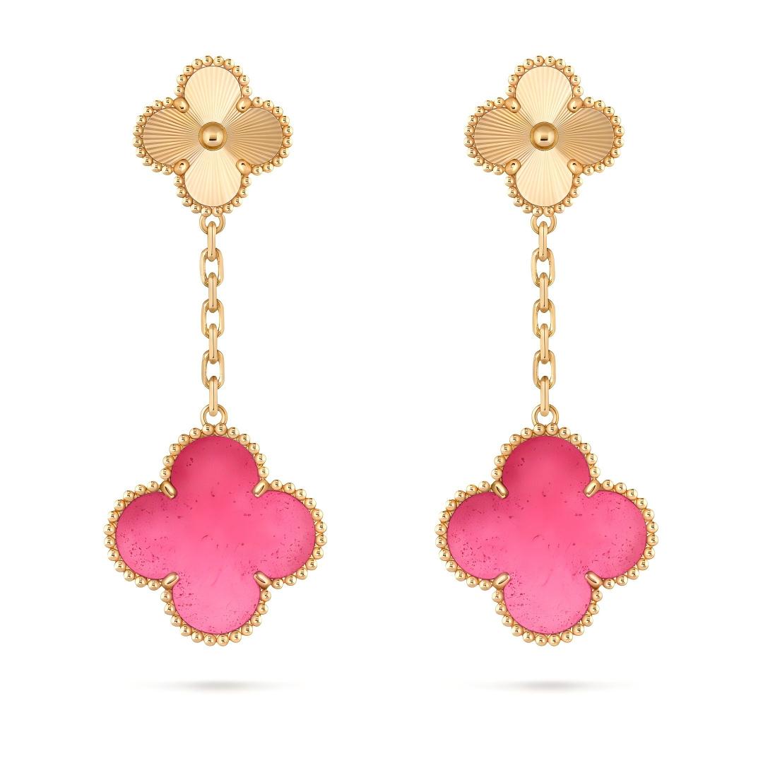 [Azure Tears Jewelry]NEW CLOVER 2 MOTIF PINK ENAMEL EARRINGS