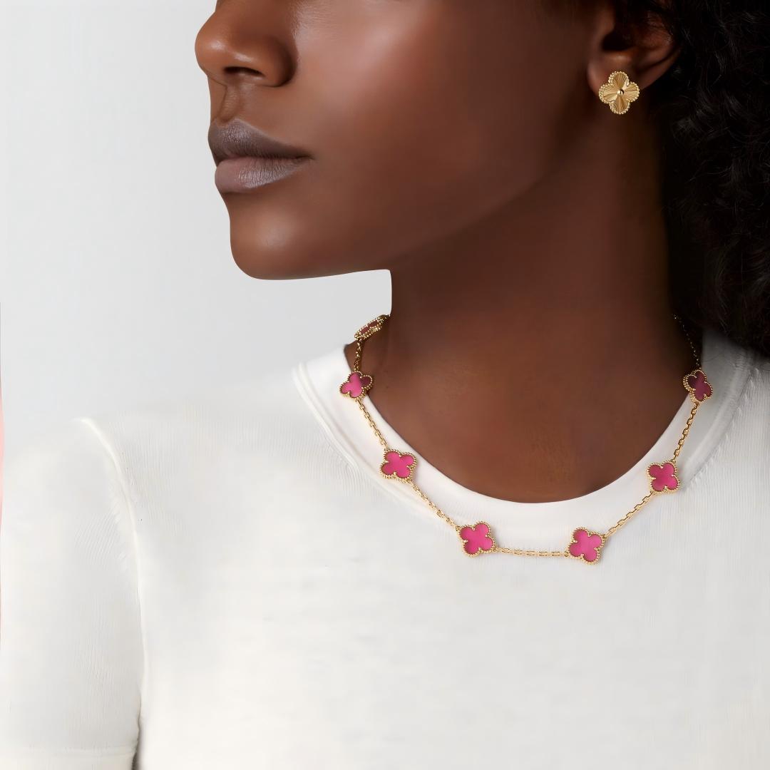 [Azure Tears Jewelry]NEW CLOVER 10 MOTIFS PINK ENAMEL NECKLACE