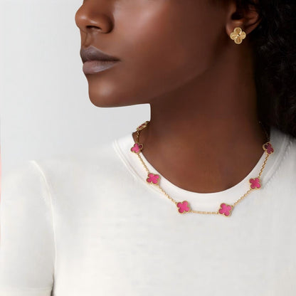 [Azure Tears Jewelry]NEW CLOVER 10 MOTIFS PINK ENAMEL NECKLACE