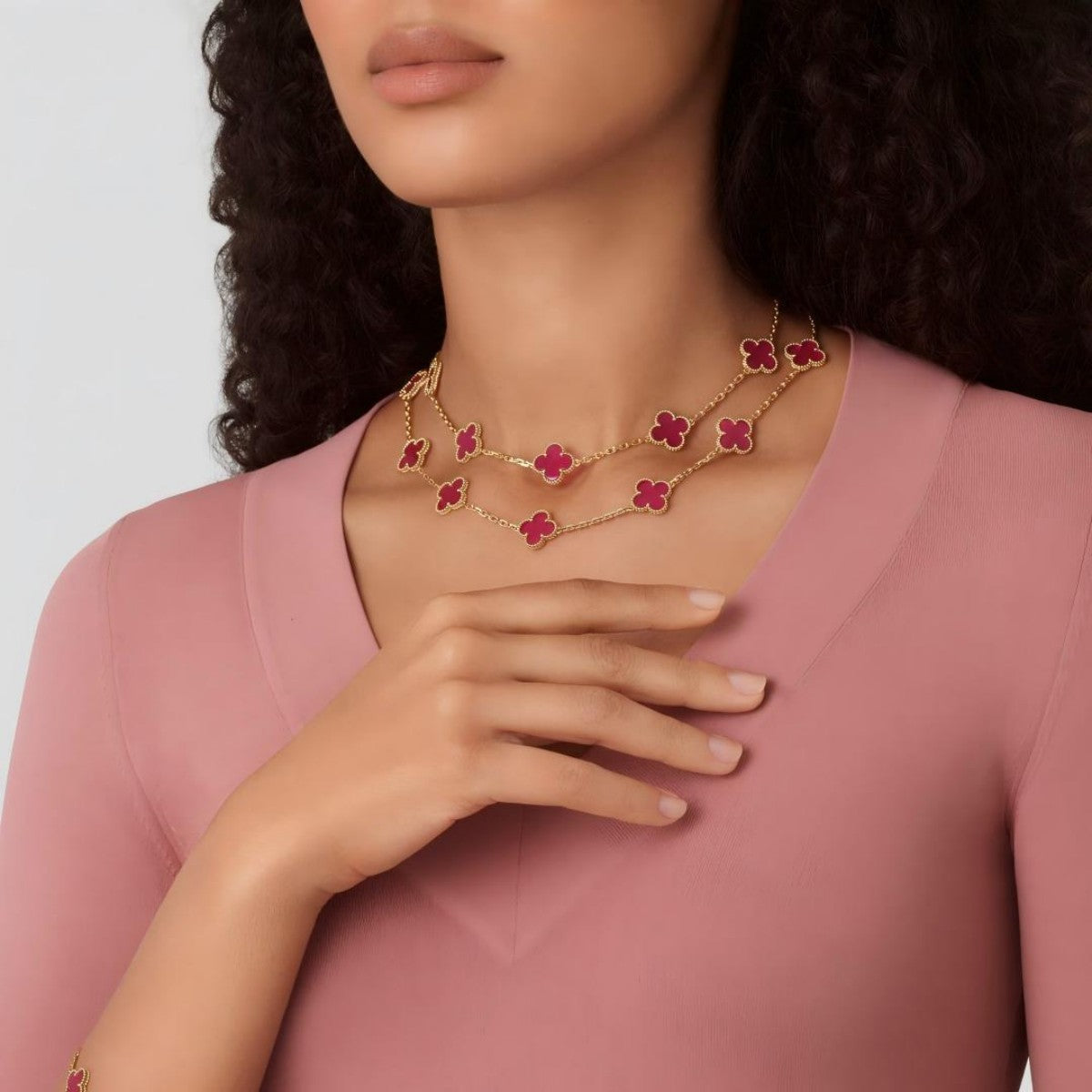 [Azure Tears Jewelry] NEW CLOVER 20 MOTIFS PINK ENAMEL NECKLACE