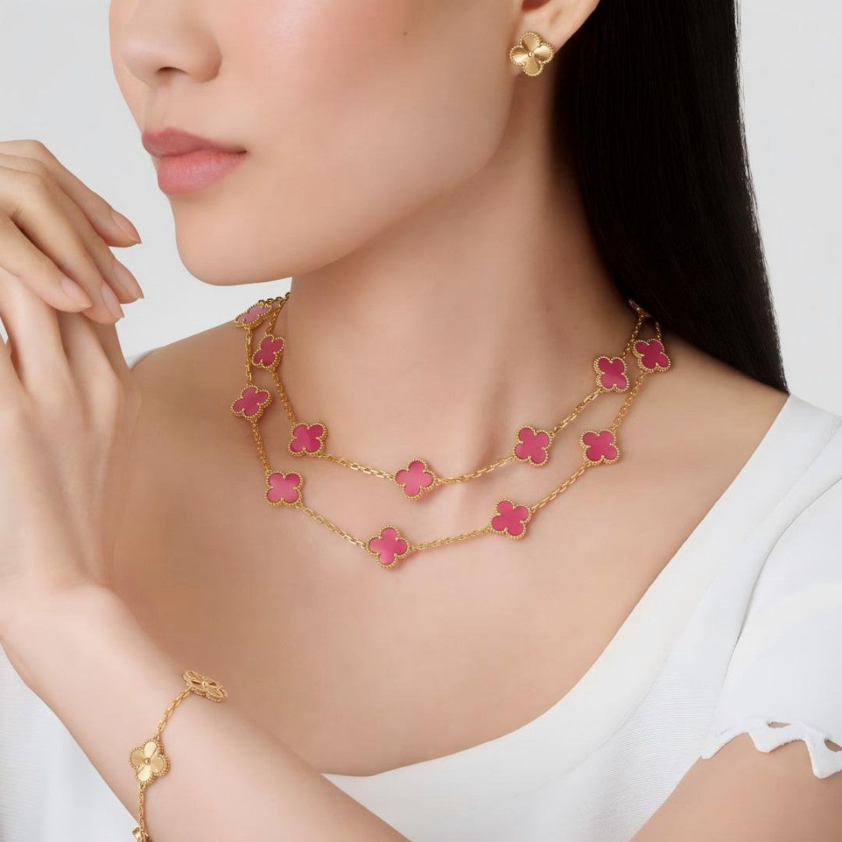 [Azure Tears Jewelry] NEW CLOVER 20 MOTIFS PINK ENAMEL NECKLACE