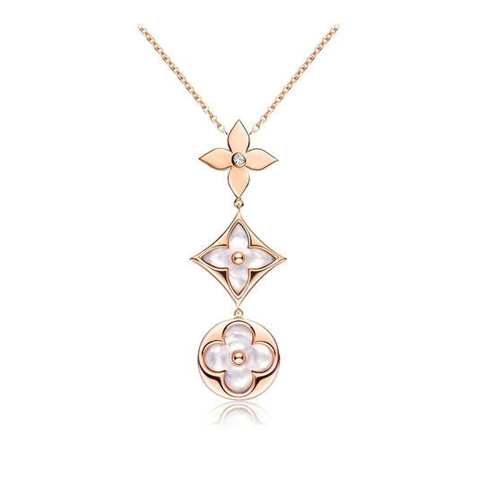 [Azure Tears]COLOR BLOSSOM LARIAT NECKLACE ROSE GOLD WHITE MOTHER PEARL AND DIAMOND